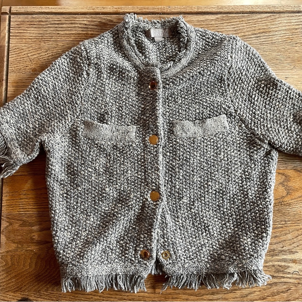 J. Crew Gray Fringe Cropped Tweed Lady Jacket Short Sleeve XXS